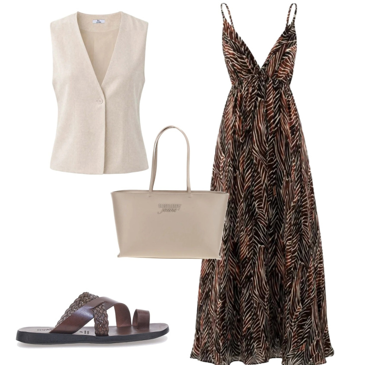 Outfit donna - Casual chic mare città. Stile Casual chic per Tutti i giorni. Abbinamento con vestiti lunghi, gilet, ciabatte, borse a spalla.