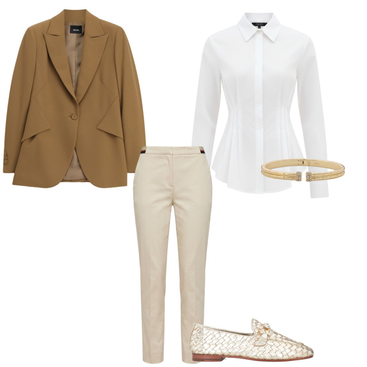 Outfit donna - Colori neutri. Stile Mannish per Ufficio. Abbinamento con mocassini, pantaloni chino, braccialetti, blazer, camicie.