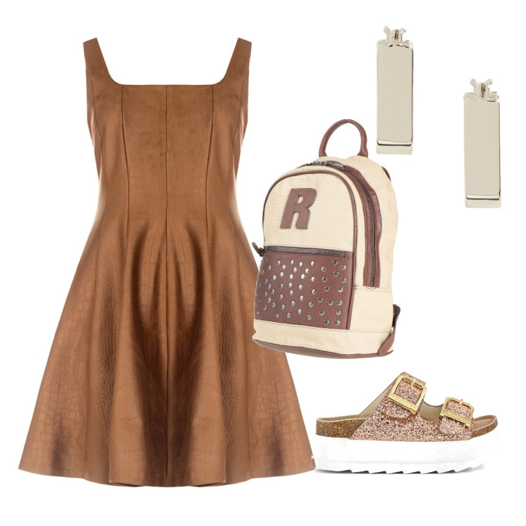 Outfit donna - Leone cognac. Stile Casual chic per Scuola/Università. Abbinamento con zaini, vestiti corti, orecchini, sandali.