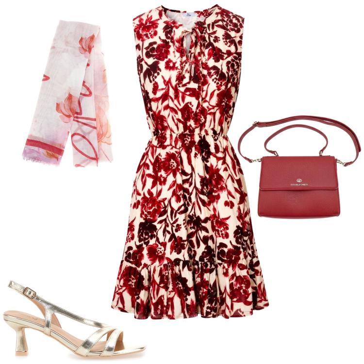 Outfit donna - Romantica chic serata evento. Stile Romantica per Serata fuori. Abbinamento con vestiti corti, sandali in pelle, foulard, borse a tracolla.