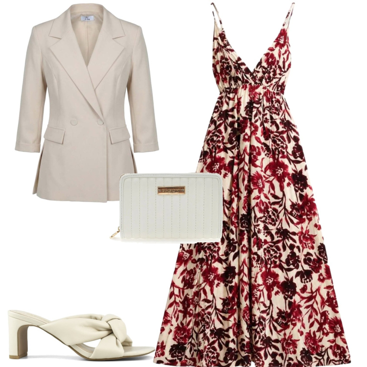 Outfit donna - Romantica serata evento cerimonia. Stile Romantica per Serata fuori. Abbinamento con vestiti lunghi, blazer, sandali col tacco, portafogli.