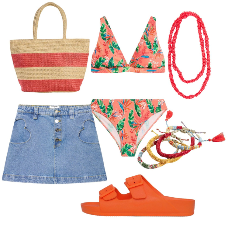 Outfit donna - Total look #2438543. Stile Casual per Mare. Abbinamento con bikini, shopping bag, braccialetti, minigonne, ciabatte, collane.