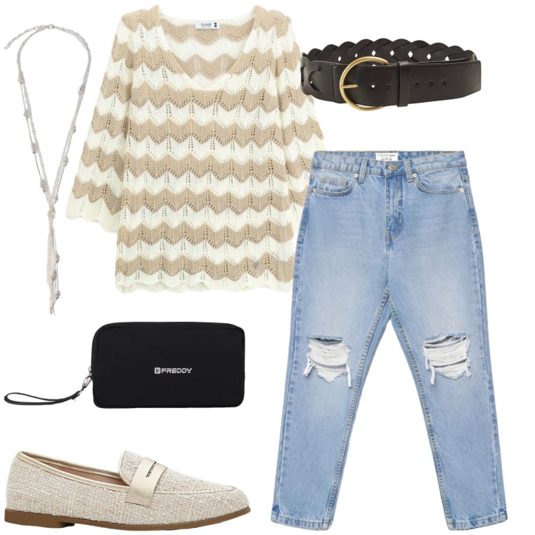 Outfit donna - Total look #2438545. Stile Casual chic per Tutti i giorni. Abbinamento con mocassini, jeans mom, cinture, maglieria, collane, valigie.