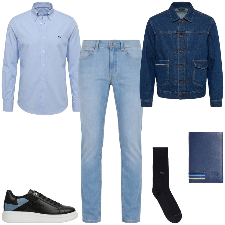 Outfit uomo - Wuomo serio che và a lavoro. Stile Casual per Ufficio. Abbinamento con jeans, calzini, portafogli, sneakers, camicie, giacche.