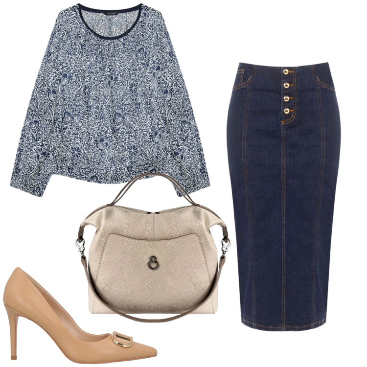 Outfit donna - Total look #2438548. Stile Casual chic per Tutti i giorni. Abbinamento con décolleté, borse a mano, bluse, gonne longuette.
