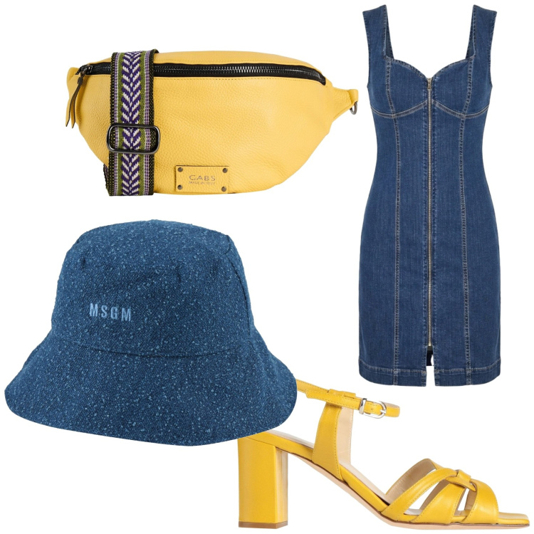 Outfit donna - Giallo e jeans. Stile Mannish per Tutti i giorni. Abbinamento con cappelli, marsupi, sandali in pelle, vestiti corti.