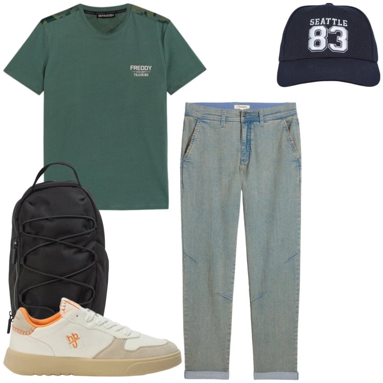 Outfit uomo - Total look #2438556. Stile Casual per Tutti i giorni. Abbinamento con jeans dritti, sneakers, cappelli, borse sportive, t-shirt.