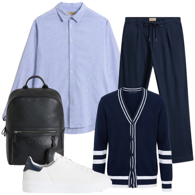 Outfit uomo - Total look #2438557. Stile Casual per Tutti i giorni. Abbinamento con cardigans, borse sportive, pantaloni, sneakers, camicie.