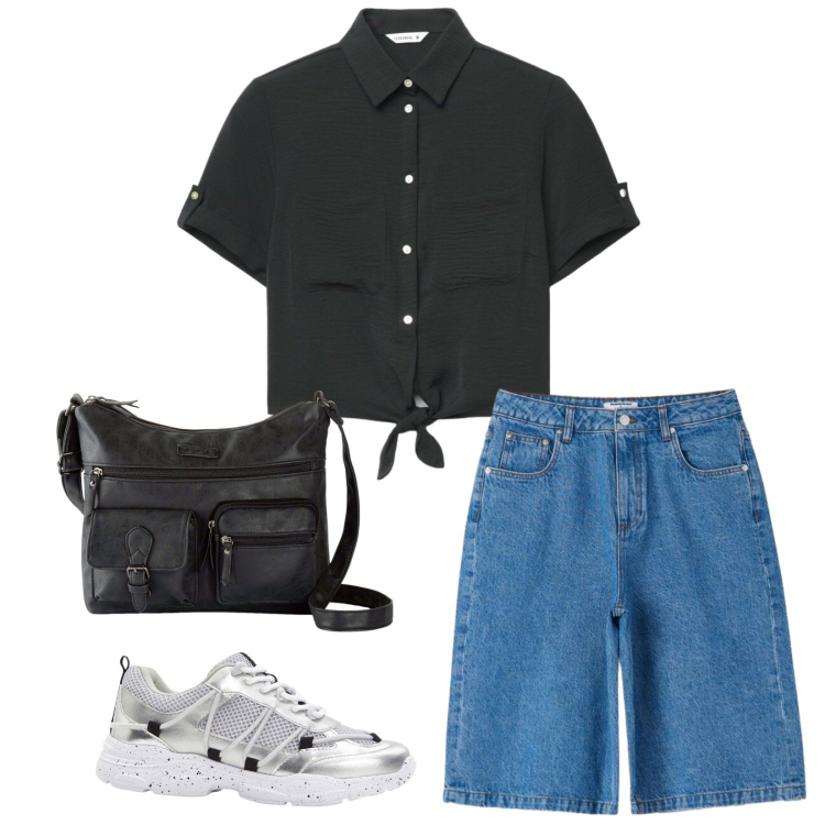 Outfit donna - Giornata estiva. Stile Casual per Tutti i giorni. Abbinamento con borse a tracolla, sneakers, camicie a manica corta, bermuda.