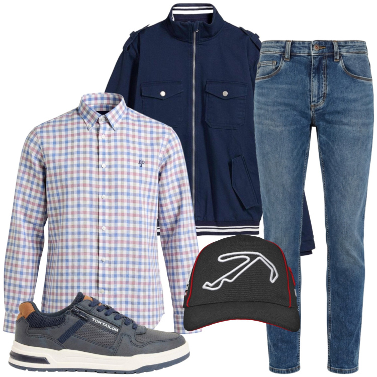 Outfit uomo - Total look #2438559. Stile Casual per Tutti i giorni. Abbinamento con giacche, sneakers, jeans slim fit, camicie, cappelli con visiera.
