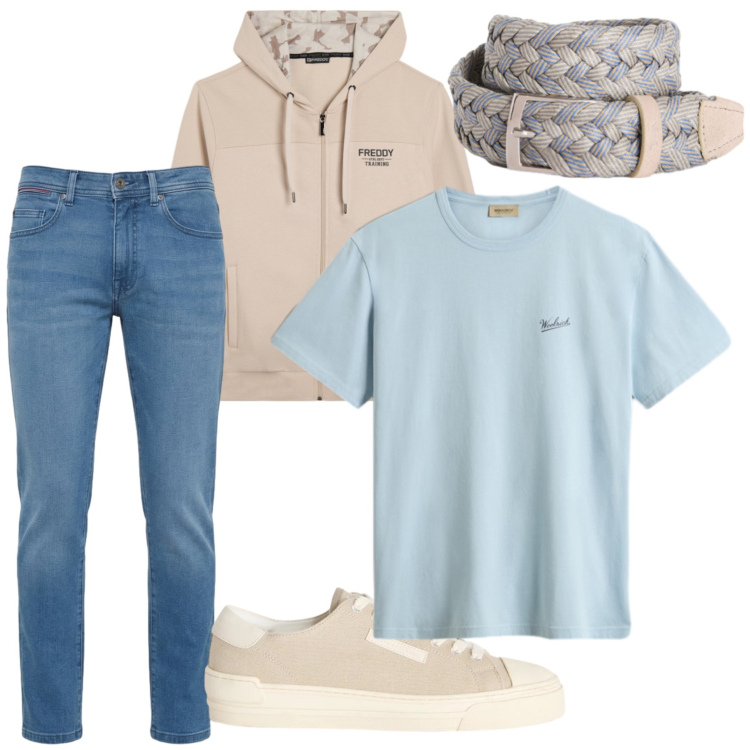 Outfit uomo - Total look #2438561. Stile Casual per Tutti i giorni. Abbinamento con sneakers, jeans slim fit, cinture, felpe con cappuccio, t-shirt.