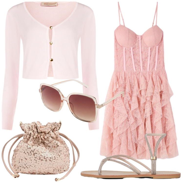 Outfit donna - Eleganza in rosa. Stile Romantica per Cerimonia. Abbinamento con occhiali da sole, sandali, vestiti corti, cardigans, pochette.