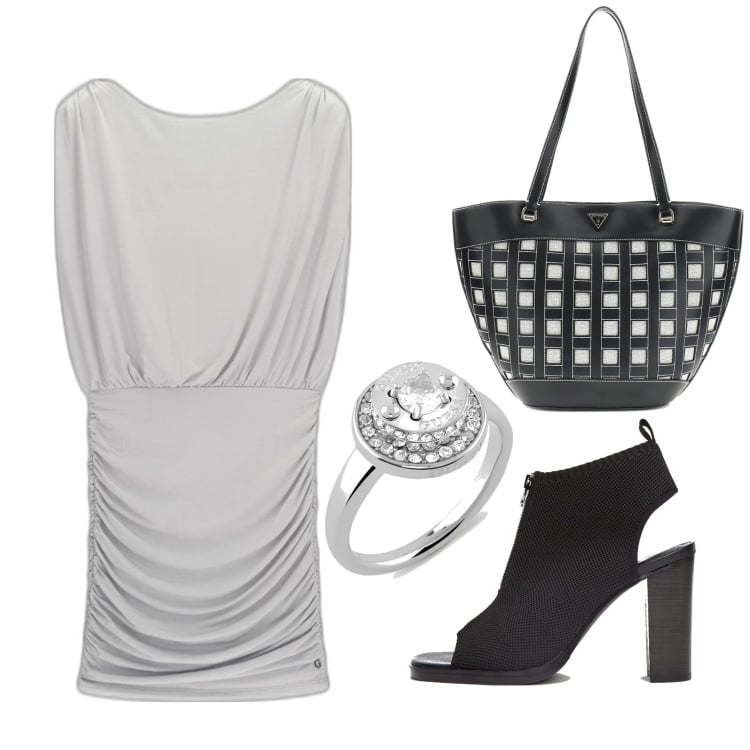 Outfit mujer - Trendy look. Estilo Trendy para Todos los días. Combinación con vestidos cortos, zapatos de tacón, bolso tote, anillos.