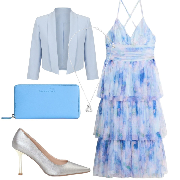 Outfit donna - Elegante a balze. Stile Chic per Cerimonia. Abbinamento con vestiti midi/longuette, portafogli, ciondoli, bolero, décolleté.