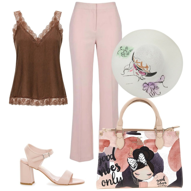 Outfit donna - Total look #2438572. Stile Minimal per Tutti i giorni. Abbinamento con canottiere, pantaloni, sandali col tacco, borse a mano, cappelli.