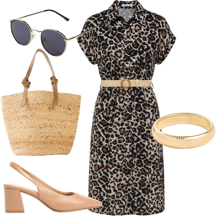Outfit donna - Animalier. Stile Casual chic per Tutti i giorni. Abbinamento con braccialetti, occhiali da sole, shopping bag, décolleté, vestiti chemisier, cinture.