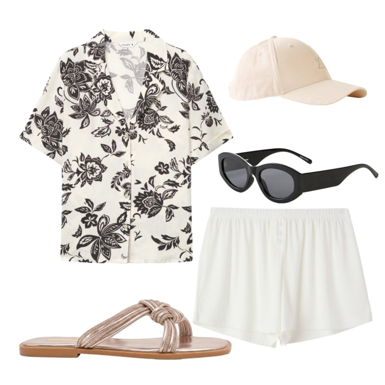 Outfit donna - Stampa floreale. Stile Sporty chic per Tutti i giorni. Abbinamento con cappelli con visiera, occhiali da sole, shorts, camicie a manica corta, sandali.