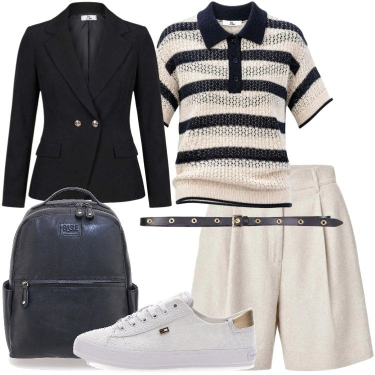 Outfit donna - Trova il tuo stile con I AM al college. Stile Preppy per Scuola/Università. Abbinamento con polo, shorts, blazer, cinture, zaini, sneakers.