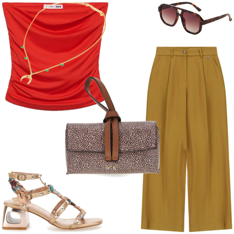 Outfit donna - Il carattere del Leone. Stile Glamour per Serata fuori. Abbinamento con occhiali da sole, top, pantaloni a palazzo, collane, sandali col tacco, borse a tracolla.