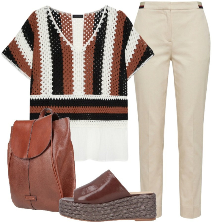 Outfit donna - Urban style. Stile Urban per Ufficio. Abbinamento con sandali in pelle, zaini, pantaloni chino, t-shirt.