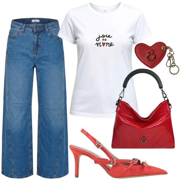 Outfit donna - "Red passion". Stile Casual chic per Tutti i giorni. Abbinamento con décolleté, jeans, t-shirt, portachiavi, borse a mano.
