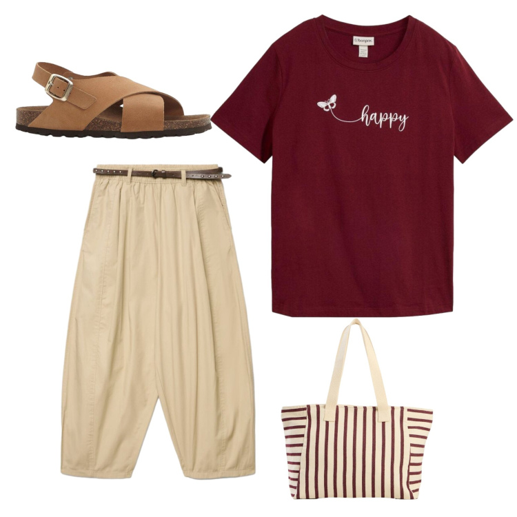 Outfit donna - Happy butterfly. Stile Casual per Tutti i giorni. Abbinamento con t-shirt, sandali in pelle, shopping bag, pantaloni.
