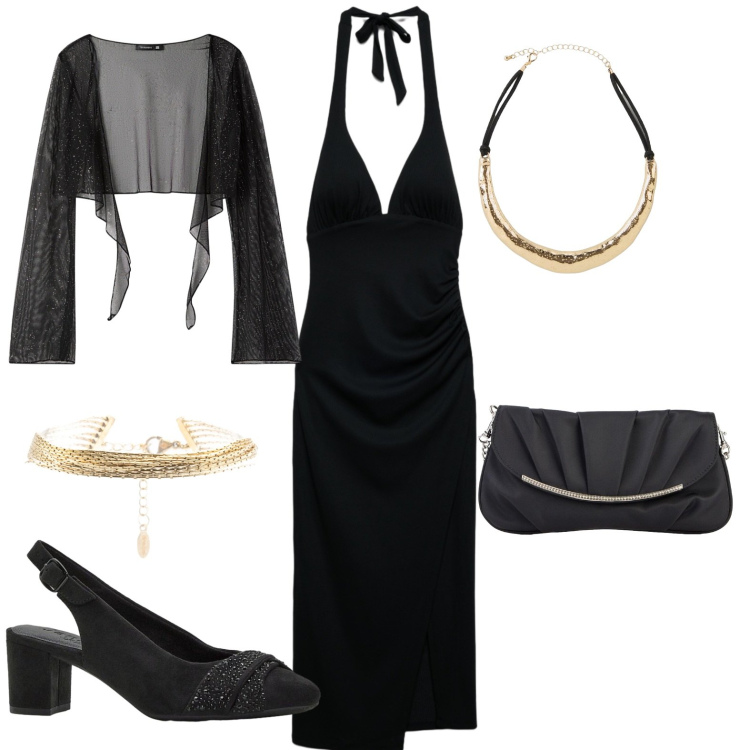 Outfit donna - Serata. Stile Chic per Serata fuori. Abbinamento con décolleté, clutch, collane, vestiti midi/longuette, blazer, braccialetti.
