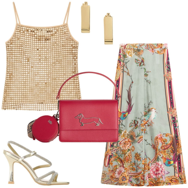 Outfit donna - Estate: il carattere del Leone. Stile Glamour per Serata fuori. Abbinamento con borse a tracolla, orecchini, pantaloni a palazzo, top, sandali col tacco.