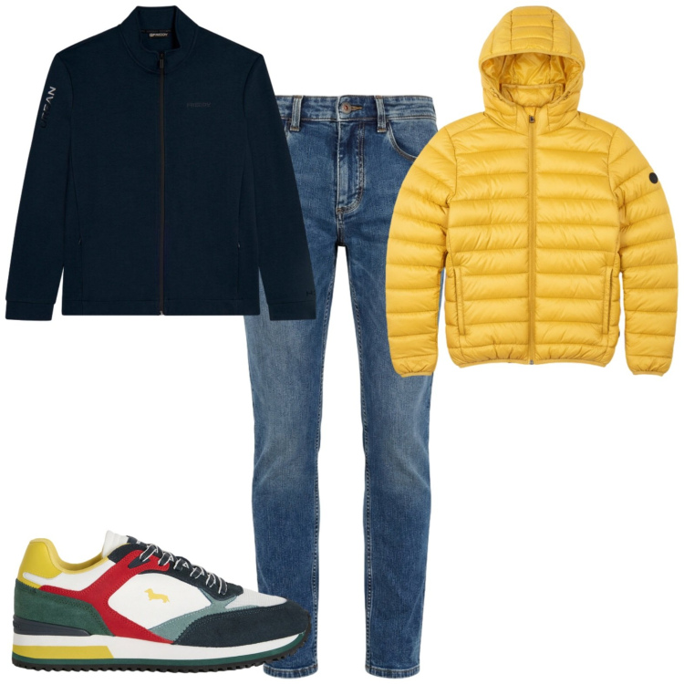 Outfit uomo - Giubbino giallo per settembre. Stile Trendy per Tutti i giorni. Abbinamento con sneakers, jeans slim fit, felpe, bomber.