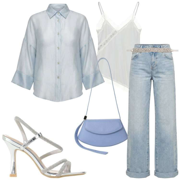 Outfit donna - La protagonista. Stile Casual chic per Serata fuori. Abbinamento con canottiere, sandali col tacco, borse a spalla, jeans, camicie, cinture.