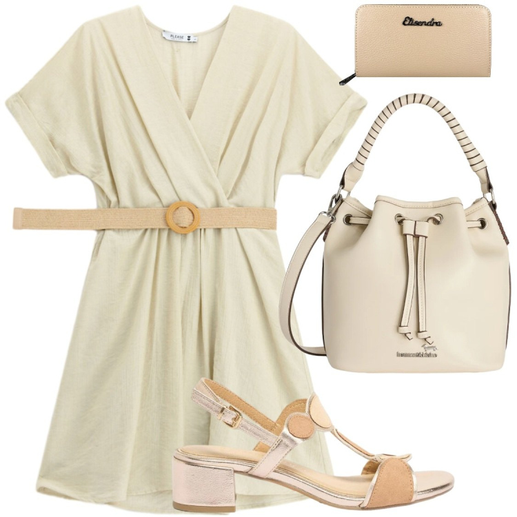 Outfit donna - Da mattino a sera. Stile Chic per Serata fuori. Abbinamento con sandali col tacco, borse a secchiello, portafogli, vestiti corti.