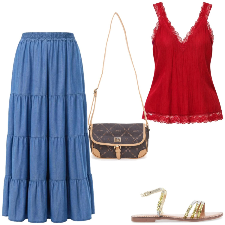 Outfit donna - Serata fuori. Stile 70s per Serata fuori. Abbinamento con canottiere, gonne lunghe, borse a tracolla, sandali.