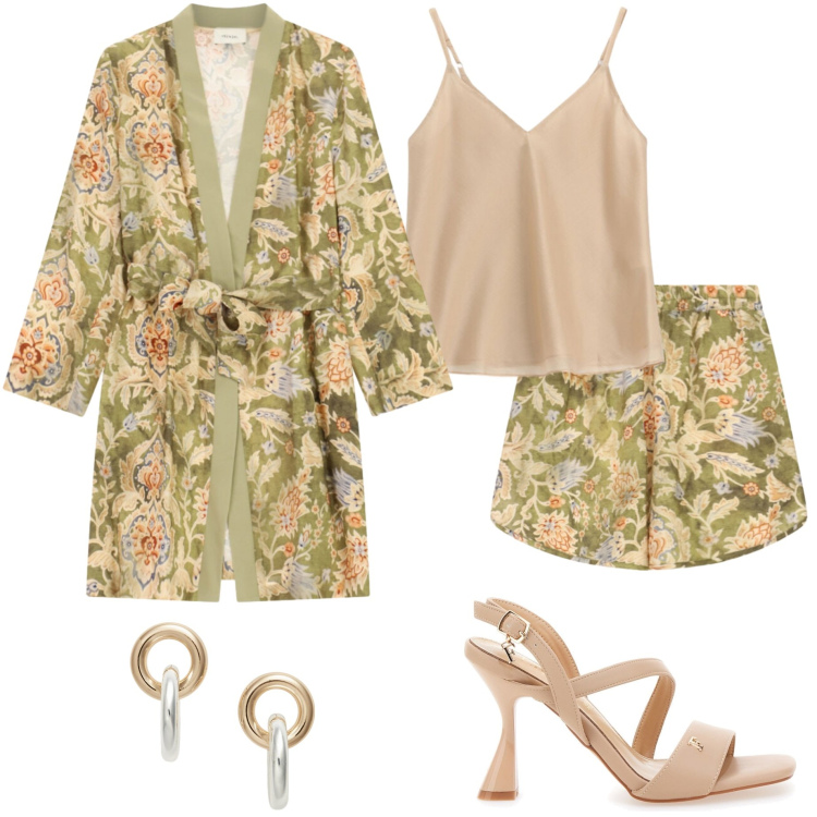 Outfit donna - La protagonista. Stile Casual chic per Serata fuori. Abbinamento con cappotti, top, shorts, orecchini, sandali col tacco.