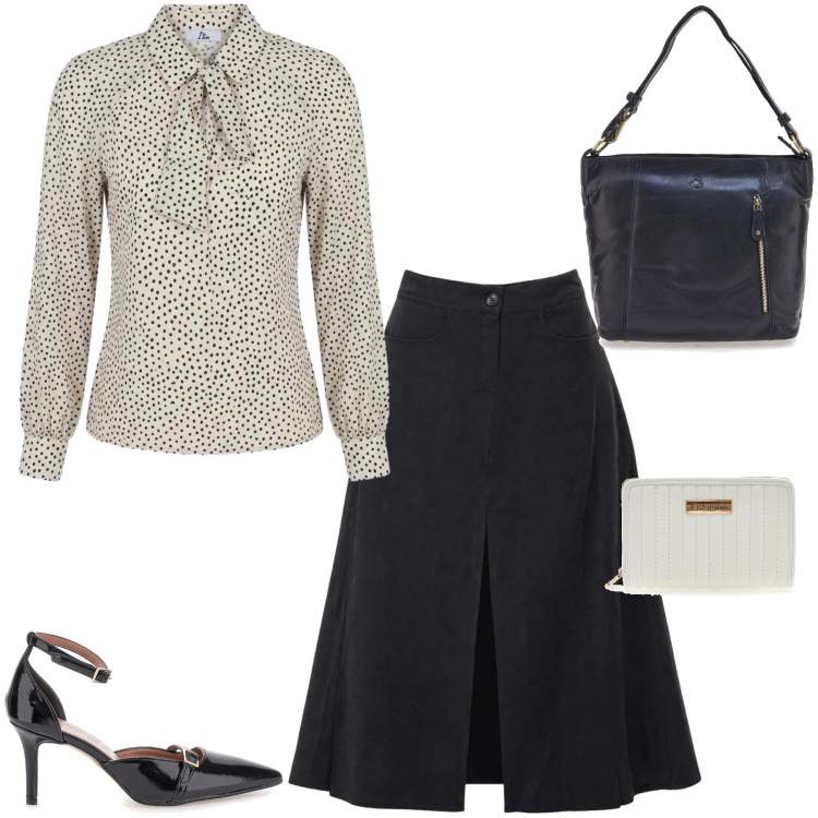 Outfit donna - Eleganza I AM. Stile Romantica per Ufficio. Abbinamento con gonne lunghe, bluse, décolleté, borse a spalla, portafogli.