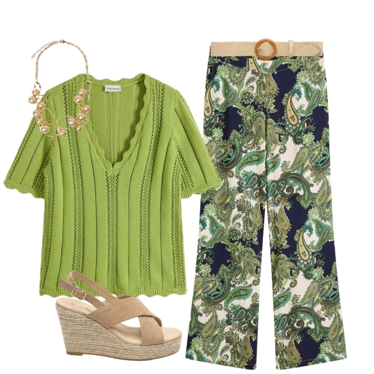 Outfit donna - Verde freschezza. Stile Boho per Tutti i giorni. look ideale per Tall. Abbinamento con pantaloni, bluse, sandali col tacco, cinture, collane.