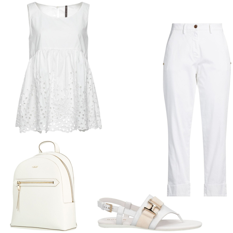Outfit donna - Easy Total White. Stile Chic per Tutti i giorni. Abbinamento con top, infradito, zaini, pantaloni.