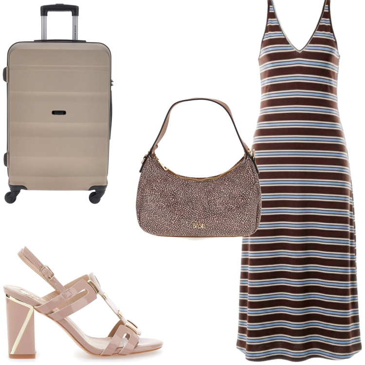 Outfit donna - Serata fuori. Stile Casual chic per Serata fuori. Abbinamento con vestiti lunghi, borse a tracolla, sandali col tacco, valigie.