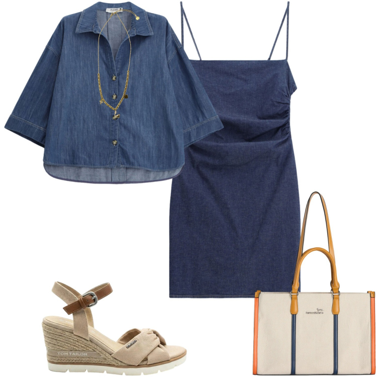 Outfit donna - Completo in denim. Stile Casual chic per Ufficio. Abbinamento con sandali col tacco, borse tote, ciondoli, camicie, vestiti corti.