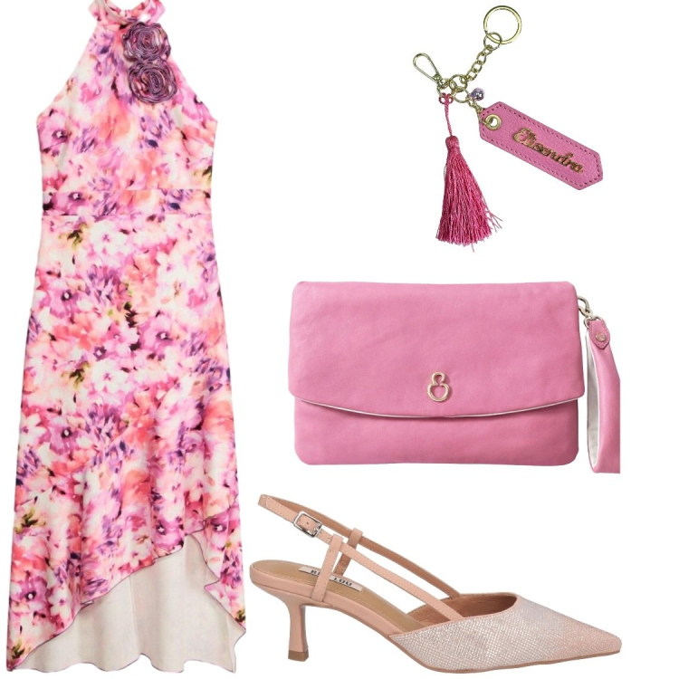 Outfit donna - Eventi estivi. Stile Chic per Serata fuori. Abbinamento con décolleté, vestiti, pochette, portachiavi.