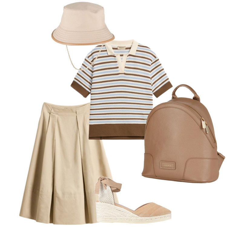 Outfit donna - Colori neutri. Stile Casual chic per Mare. Abbinamento con zaini, cappelli, espadrillas, polo, gonne lunghe.