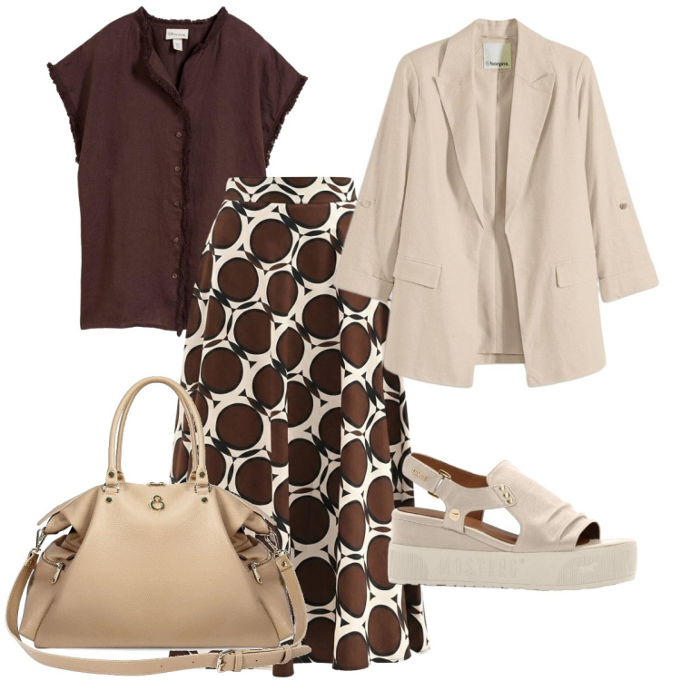 Outfit donna - La camicetta marrone. Stile Casual chic per Tutti i giorni. Abbinamento con sandali, tuniche, blazer, shopping bag, gonne lunghe.