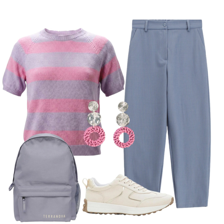 Outfit donna - Comfort curvy. Stile Sporty chic per Tutti i giorni. look ideale per Tall. Abbinamento con orecchini, sneakers, maglieria, zaini, pantaloni.
