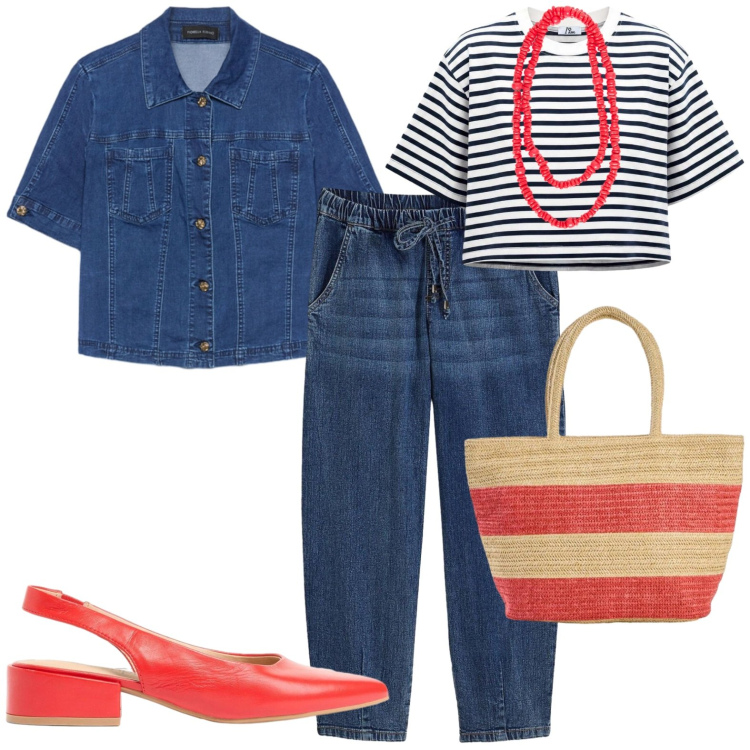Outfit donna - Sporty. Stile Sporty chic per Tutti i giorni. Abbinamento con shopping bag, décolleté, jeans, t-shirt, cappotti, collane.