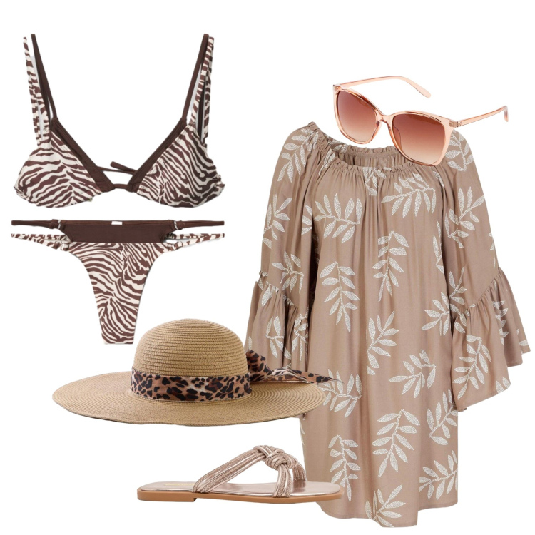 Outfit donna - Mare. Stile Boho per Mare. Abbinamento con vestiti da spiaggia, cappelli, occhiali da sole, bikini, bikini, sandali.