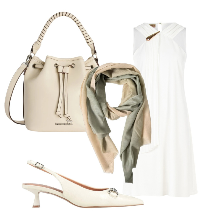 Outfit donna - Sfumature di bianco. Stile Bon Ton per Serata fuori. Abbinamento con décolleté, borse a secchiello, foulard, vestiti corti.