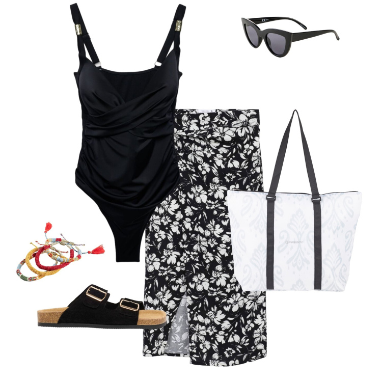 Outfit donna - Bianco e nero. Stile Sporty chic per Mare. Abbinamento con ciabatte, occhiali da sole, braccialetti, vestiti da spiaggia, costumi interi, shopping bag.