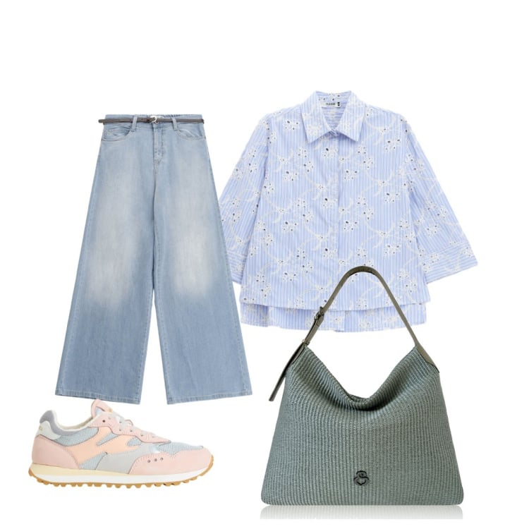 Outfit donna - In città. Stile Casual chic per Tutti i giorni. Abbinamento con borse a spalla, sneakers, camicie, jeans.