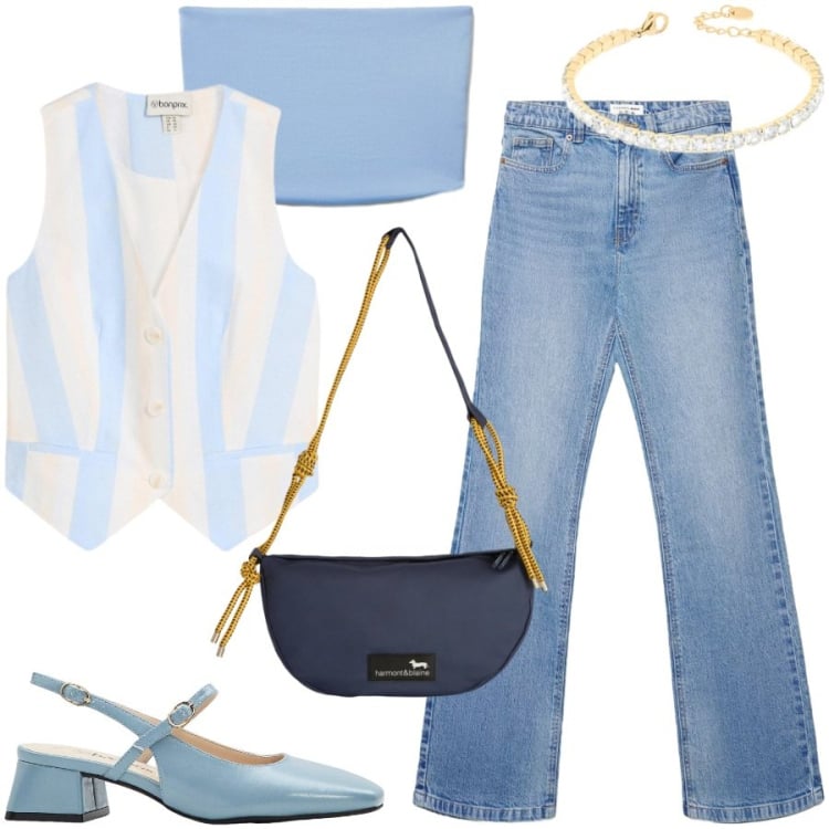 Outfit donna - Aperitivo. Stile Casual chic per Serata fuori. Abbinamento con décolleté, gilet, borse a tracolla, jeans bootcut, top, braccialetti.