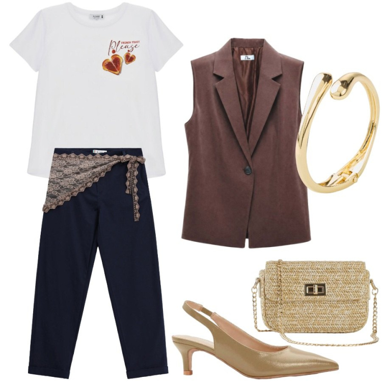 Outfit donna - Happy hour. Stile Chic per Serata fuori. Abbinamento con décolleté, borse a tracolla, braccialetti, gilet, pantaloni, t-shirt.