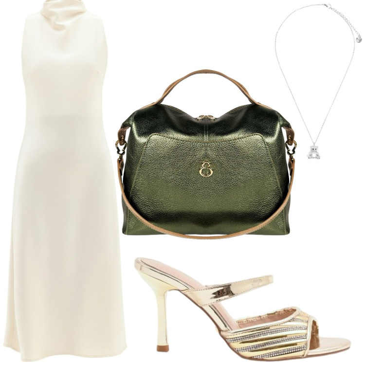 Outfit donna - Tenuto fluido. Stile Glamour per Serata fuori. Abbinamento con borse a mano, ciondoli, vestiti midi/longuette, sabot.